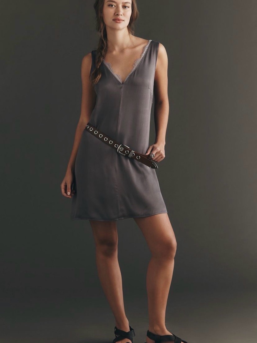 Anthropologie Gray Slip Midi Dress